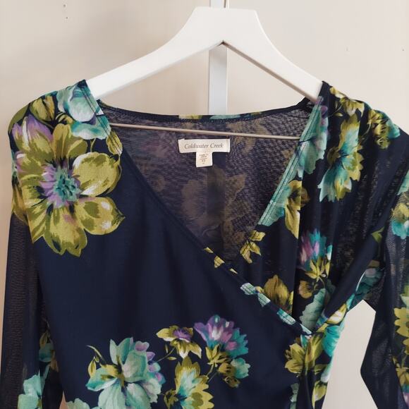 Coldwater Creek Top XS Navy Floral V-Neck Fairy Mesh Sheer Sleeve Pretty - Picture 3 of 7
